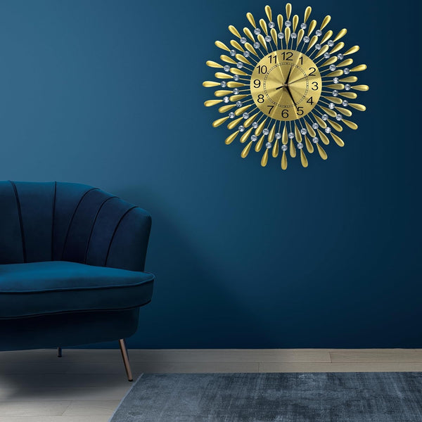 Crystals 60cm Large Metal Wall Clock – Luxury Sunburst Design, Handcrafted Diamante Beaded Clock for Living Room, Modern Decorative Wall Clock for Home & Office (Silver)