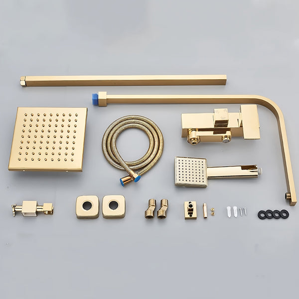 Modern Square Golden Shower Faucet System with Rainfall Shower Head & Bathtub Spout - Exposed Wall-Mounted Stainless Suitable for Bath/Shower, Polished, Splitter Valve, for or Commercial Use