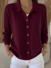 Women Lapel Collar Button Front Solid Long Sleeve Loose Casual Cardigan Top