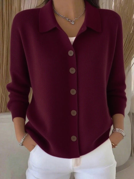 Women Lapel Collar Button Front Solid Long Sleeve Loose Casual Cardigan Top