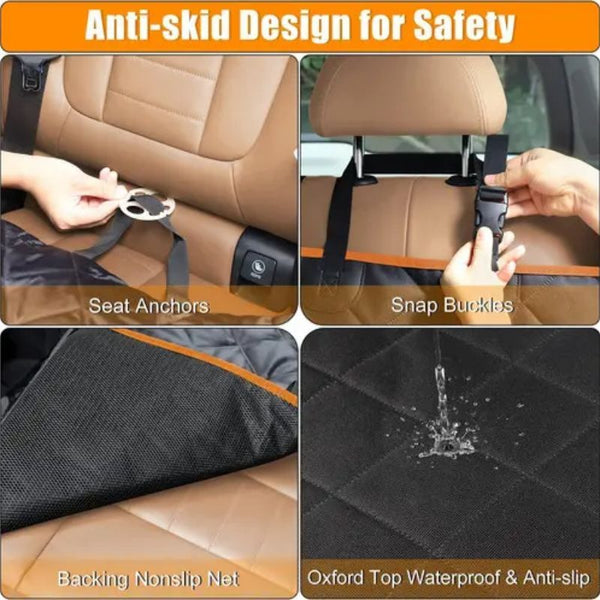 Quilted Waterproof Dog Car Seat Cover with Safety Harness - Scratch And Wear Resistant Fit for Cars Trucks SUVs - Black And Orange Polyester Pet Hammock for Travel