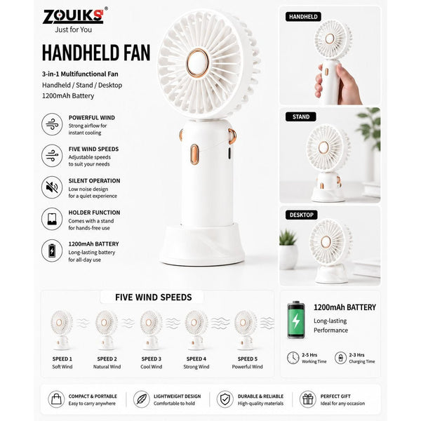 Rechargeable Handheld Fan Portable Mini USB Cooling Fan 5 Speed Silent Desktop Fan