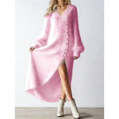 2026 Autumn and Winter V-neck Loose Lazy Style Button Decoration Slit Dress Temperament