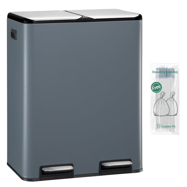 Kitchen Bin, (2 X 30L) 60L Recycling Bins, Pedal Bin with Lid, Stainless Steel Kitchen Bins Recycling And Waste, Silent Slow-Down Closing Lid, with 15 Exclusive Trash Bags, Silvery