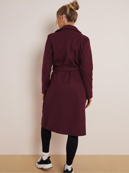 Women's Classy Solid Color Double Breasted Detachable Belted Pocket Pea Coat, Lapel Neck Long Sleeve Outerwear for Fall & Winter