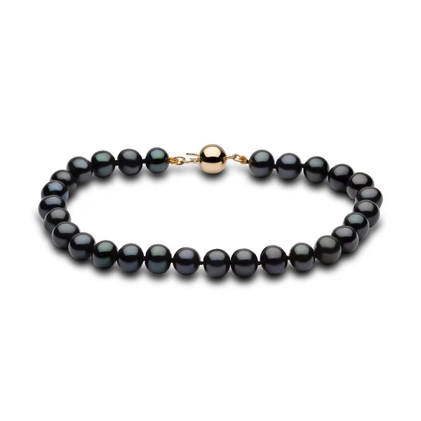 6-6.5Mm Cultured Freshwater Black Pearl Bracelet, 18Ct Yellow Gold