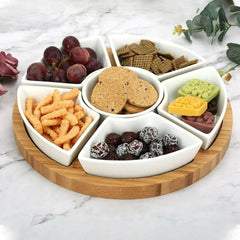 Christmas Divided tray as condiment bowl & snack platter, white buffet set for parties Rotating Snack Tray with 6 Removable Bowls Ceramic Divided Rotating Ceramic Serving Platter with Cover, Lazy Susan Storage Box for Taco Toppings, Snacks, Dip Sauces, Ki