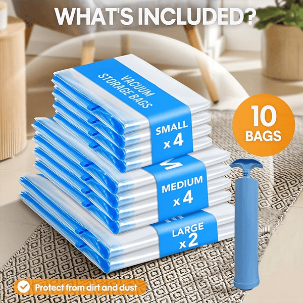11pcs Vacuum Compression Storage Bags Set with Portable Hand Pump - Large + Medium + Small + Hand Pump - Suitable for Bedding, Clothes, Travel Essentials, Luggage Vacuum Seal Bags, Thickened Material, No Electricity Required