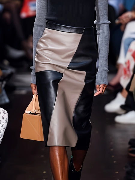 CHIDU Women'S Skirt for Autumn And Winter, High-Waisted PU Mid-Length Skirt with Color Block Design, Elegant Dress with Zipper, Fashionable Irregular Style, Perfect for Family Events And Stylish Commuting