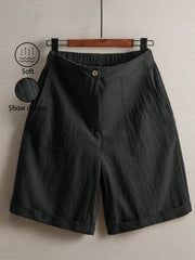Women'S 100% Linen High Waist Shorts, Elastic Waist Button Front Loose Casual Bermuda Shorts for Daily Commute & Summer Vacation