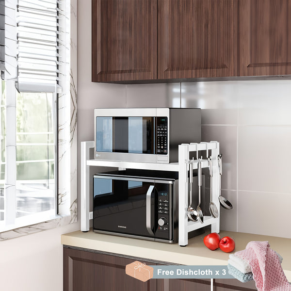 3-Tier Expandable Microwave Oven Rack with 6 Hooks And 3 Towel Racks, Includes a Chopstick Holder, Cutting Board Holder, Spice Rack, And Kitchen Storage Rack. Suitable for Kitchens, Offices, And Storage Rooms. Extends 40-64 Cm (Black, White)