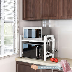 3-Tier Expandable Microwave Oven Rack with 6 Hooks And 3 Towel Racks, Includes a Chopstick Holder, Cutting Board Holder, Spice Rack, And Kitchen Storage Rack. Suitable for Kitchens, Offices, And Storage Rooms. Extends 40-64 Cm (Black, White)