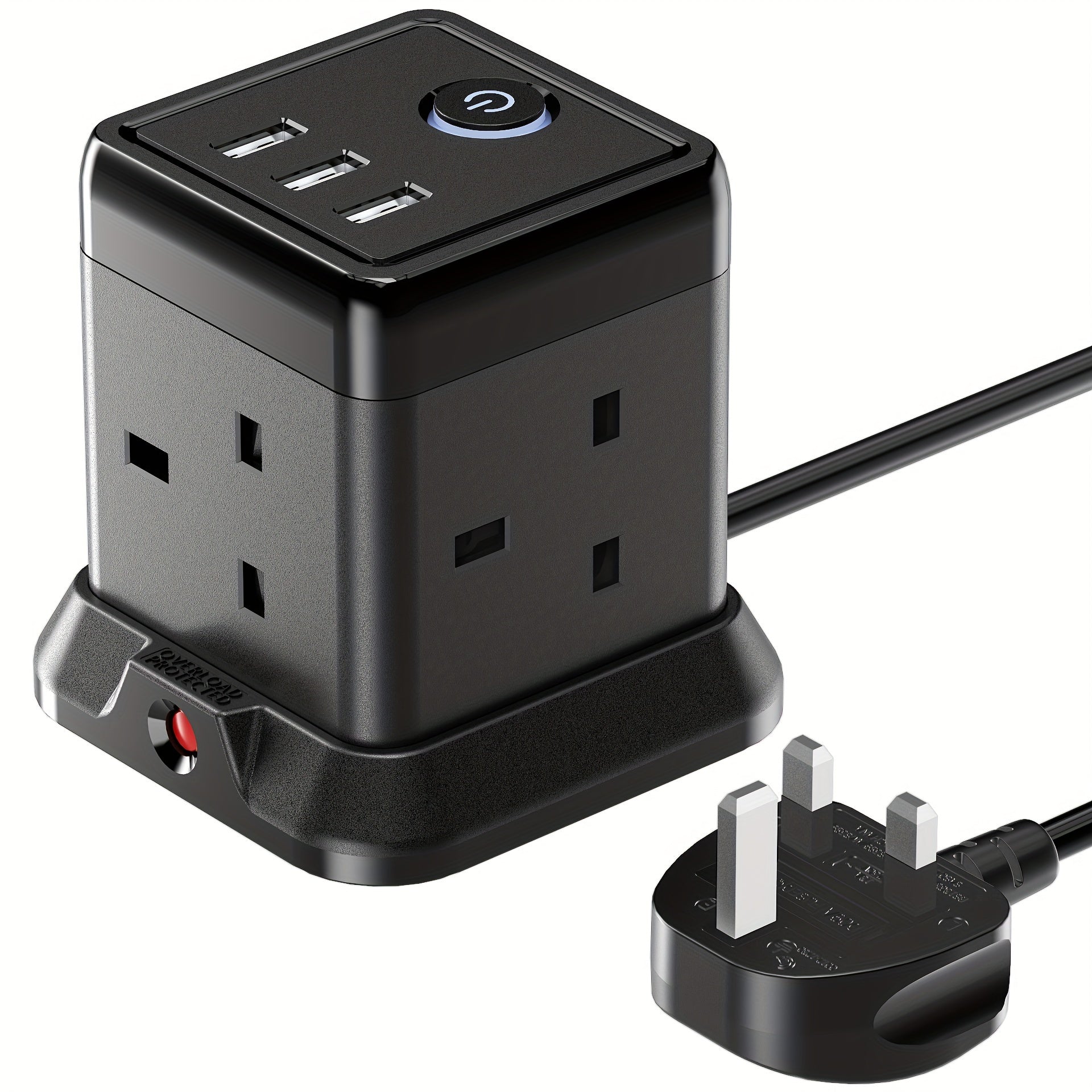 Cube Extension Lead with 3 USB Slots 13A 3250W Hulker 4 Gang Plug Extension Socket with Switch 4 Way Power Strip with 3 USB Port 1.5m Extension Cord Black for Home Dorm Office Travel
