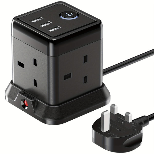 Cube Extension Lead with 3 USB Slots 13A 3250W Hulker 4 Gang Plug Extension Socket with Switch 4 Way Power Strip with 3 USB Port 1.5m Extension Cord Black for Home Dorm Office Travel