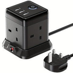 Cube Extension Lead with 3 USB Slots 13A 3250W Hulker 4 Gang Plug Extension Socket with Switch 4 Way Power Strip with 3 USB Port 1.5m Extension Cord Black for Home Dorm Office Travel