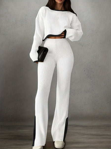 Women'S Short Color-Blocked Long-Sleeve Top with Solid Color Pants, a Casual And Stylish Outfit for Christmas