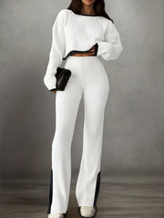 Women'S Short Color-Blocked Long-Sleeve Top with Solid Color Pants, a Casual And Stylish Outfit for Christmas