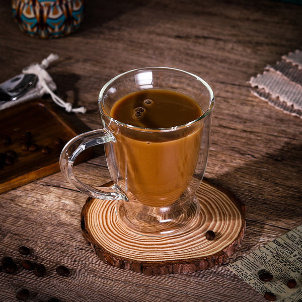 Vinsani Double Walled Coffee Drink Glasses Tea Cup Mug Heat Cold Resistant Aesthetic Clear Borosilicate Glass with Handle Cappuccino Latte Tea Dessert Hot and Cold Drinks