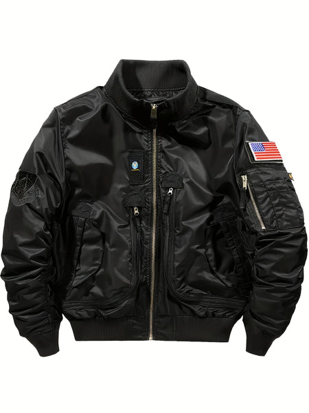 Men'S Casual Stand Collar Bomber Jacket, Chic Novelty Design Zip Up Tactical Jacket with Multi-Pocket, Fall Winter Outdoor