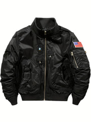 Men'S Casual Stand Collar Bomber Jacket, Chic Novelty Design Zip Up Tactical Jacket with Multi-Pocket, Fall Winter Outdoor