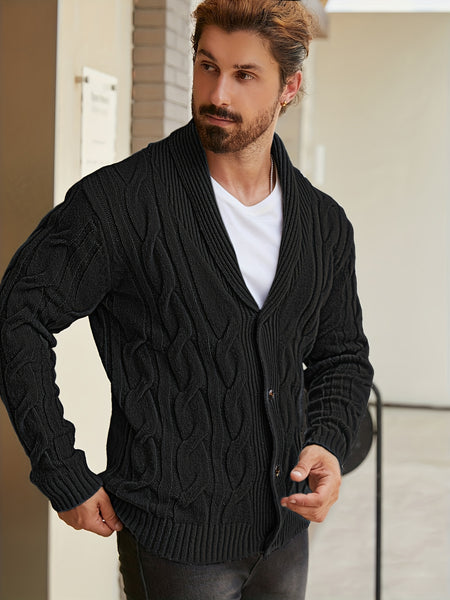 Men'S Solid Cable Knit Cardigan Fall Winter Button-Up Knit Coat