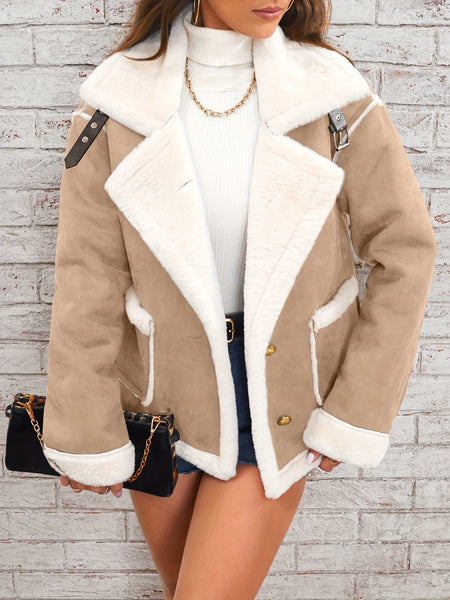 Women's Elegant Lapel Collar Plush Jacket with White Fur-Like Trim - Winter Warm Coat, Structured Fit Front Button Closure, Hand Washable Outerwear for Daily Travel & Holiday Outfits (Solid Color, Autumn/Winter) - Versatile Casual to Semi-Formal Wear