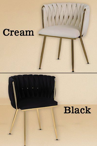 Set of 2 x Luxury Velvet/Metal Upholstered Seat Woven Dining Kitchen Home Restaurant Bar Pub Stool Chair (Cream/Gold)