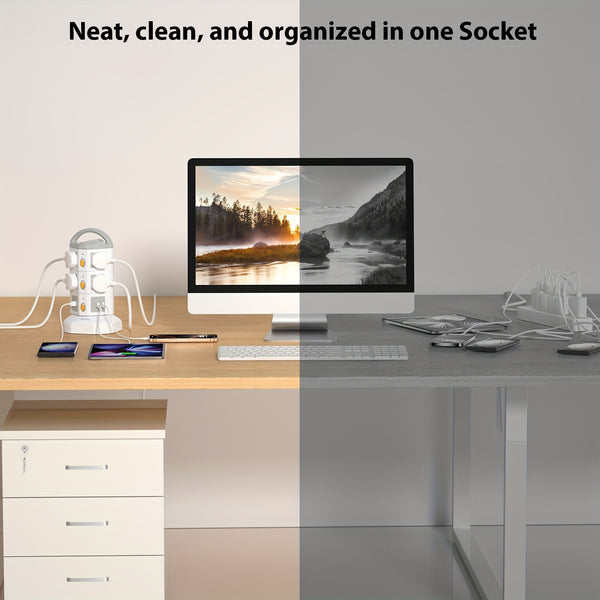 SooPii 10-Outlet Power Tower with 4 USB, Multi Plug Power Extension Strip with 10AC Outlets, 2 USB & 2 USB-C Ports, Surge Protector, 2m Extension Cable, 4000W/16A Extension Power Cord for Home Office, White, Christmas Gifts, Gifts.