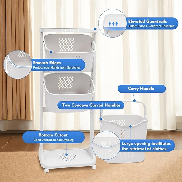 2-Tier/4-Tier Rolling Laundry Cart with Removable Baskets - Heavy-Duty Plastic Frame & Wheeled Hamper Organizer, Modern Bathroom Storage Cart Suitable for,, Dorm, Hotel - Space-Saving Clothes Sorting System, Laundry Baskets