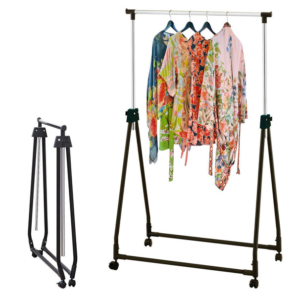 Chrome Adjustable Clothes Rail on Wheels – Portable Garment Hanging Stand for Coats, Dresses & More – Easy to Move & Store