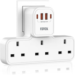 FDTEK 3 Gang Plug Adapter Featuring a 4 USB Extension Socket (Including 2 USB-C), Equipped with Surge Protection And Child Safety, Suitable for Phones, Tablets, And Use in Homes Or Offices, with a Capacity of 13A 3250W