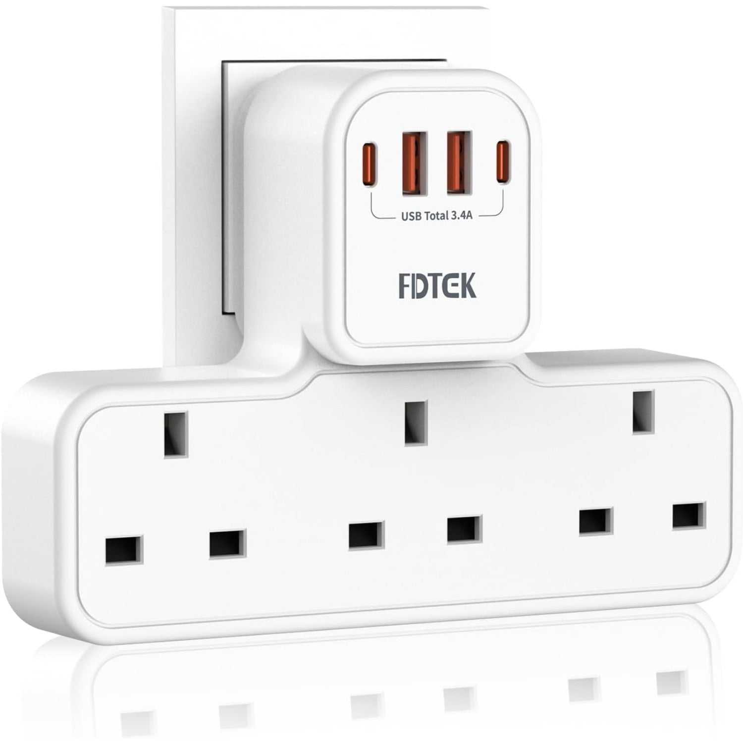 FDTEK 3 Gang Plug Adapter Featuring a 4 USB Extension Socket (Including 2 USB-C), Equipped with Surge Protection And Child Safety, Suitable for Phones, Tablets, And Use in Homes Or Offices, with a Capacity of 13A 3250W