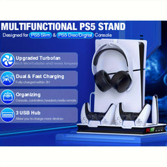 Compatible for PS5/PS5 Slim/PS5 Pro Cooling Stand with Charging Station, 3-Speed Quiet Cooling Fan, 4-Port USB-C Charger & Headphone Hook - for PS5 Console (Disc & Digital)