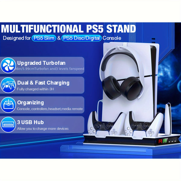 Compatible for PS5/PS5 Slim/PS5 Pro Cooling Stand with Charging Station, 3-Speed Quiet Cooling Fan, 4-Port USB-C Charger & Headphone Hook - for PS5 Console (Disc & Digital)