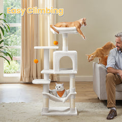 112 cm Cat Tree, Multi-Level Soft Plush Cat Tree, Cat Tower Condo with 4 Cat Scratching Posts, Hammock, Cave, Platform, Toys, Pink/White/Beige/Grey, Easy Assembly and Sturdy, Indoor Cat Furniture