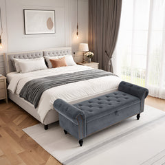 Ottoman Storage Bench, Velvet End Of Bed Storage Box With Lid, Sturdy Wood Legs Footrest, 168KG Load Capacity, Sofa Bench For Bedroom/Living Room, 133x53x46cm (Grey/Blue/Beige)