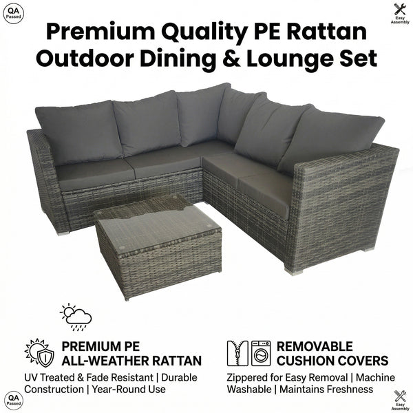 Rattan Corner Sofa Garden Furniture Set with Glass Dining Table Cushion Outdoor Patio Yard