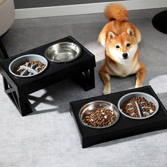 Raised Dog Bowl Height-Adjustable, Elevated Dog bowls with Stainless Steel Bowl and PP bowl, for Small Medium & Large Dogs, Black, 45*26*27.5cm