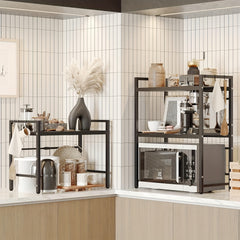 2/3-tier Expandable Microwave Oven Rack Countertop with 4 Hooks, Includes A Chopstick Holder, Cutting Board Holder, And 3 Towels. Kitchen Storage And Organization; Adjustable From 40-64cm; Suitable for All Kitchens (black, White).