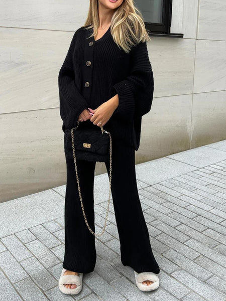 KatchMe Women's Solid Color Slouchy V-Neck Button Stretch Cardigan & Wide Leg Trousers Co-ord, Loose Fall & Winter Two Piece Outfits