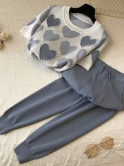 Women'S Korean-Style Heart-Shaped Printed Set - Short-Sleeved Beaded Top And Sweatpants, Casual Elegant Heart Pattern Outfit, Round Neck with Pockets, Casual Wear/Elegant /Beaded Details, Sweater Set