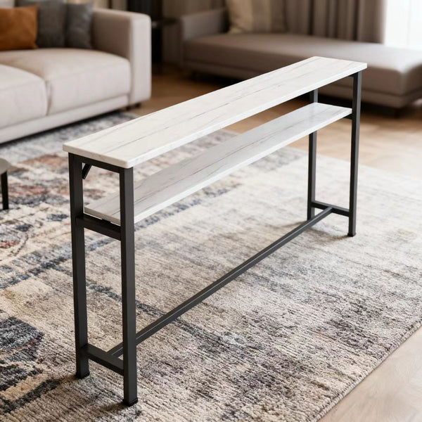 Sofa Side Table for Narrow Spaces, 2-Tier White Marble & Black Steel Shelf, 80cm Slim Console for Behind Couch, Organizer for Remote, Books, Living Room, 80*20*100cm