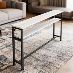 Sofa Side Table for Narrow Spaces, 2-Tier White Marble & Black Steel Shelf, 80cm Slim Console for Behind Couch, Organizer for Remote, Books, Living Room, 80*20*100cm