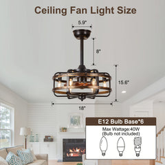 45.72cm Vintage Industrial Ceiling Fan with Light Remote Control, Reversible Black Caged Farmhouse Flush Mount Silent Motor, 3 Speeds Timer Ceiling Fan Light, for Dining Room Bedroom Farmhouse Kitchen