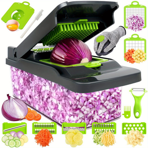16-In-1 Vegetable Chopper - Multifunctional Manual Food Slicer, Kitchen Vegetable Slicer with Container, Onion, Carrot, Garlic, And Non-Rechargeable Plastic Kitchen Small Tool Set with Drainage Basket