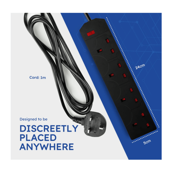 DESIRETECH Black Electric Extension Lead - 4 Gang with UK Plug & 3 Pin Socket - Wall Mountable & Multi Socket Mains Strip for Home, Bedroom, Kitchen, & Office (1 Pack)