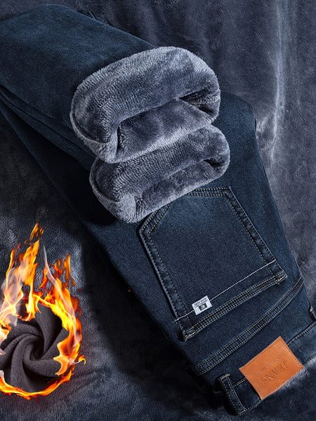 Men's Heavy-Themed Winter Light Business Casual Pants - Thickened Warm Washed Denim, Loose-Fit Mid-Rise with Internal Zipper Closure, Solid Color for Professional & -Casual Wear (Machine Washable)