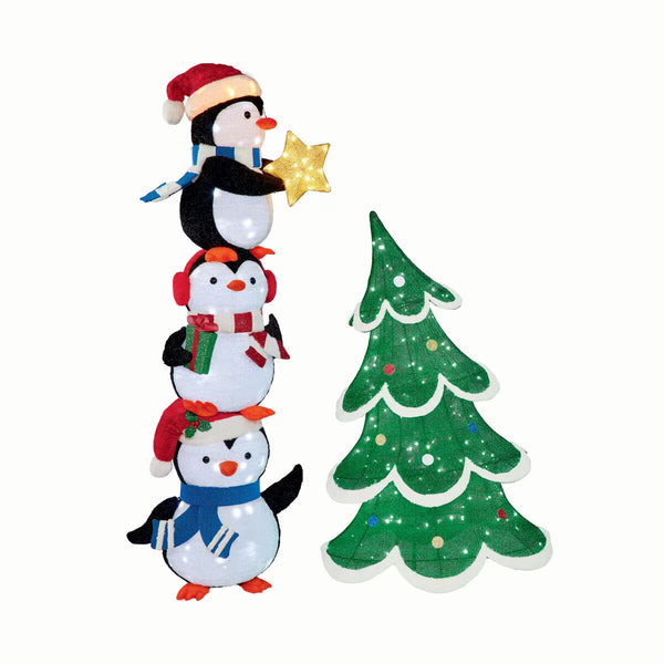 6Ft (1.8M) Stacked Penguin Trio with Twinkle Lights