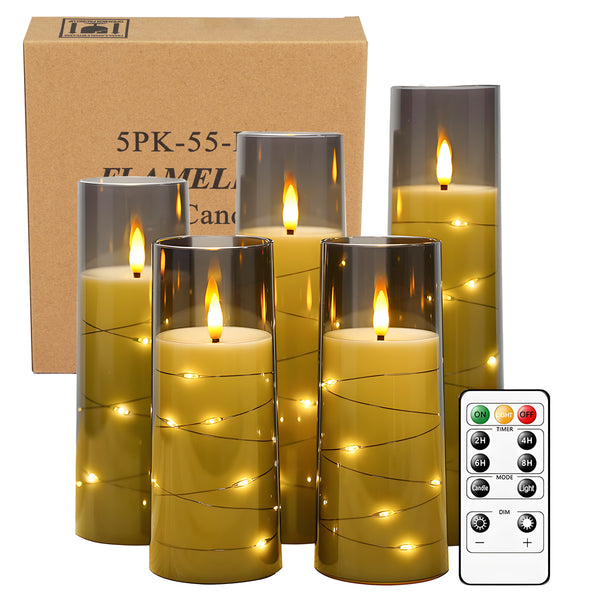 5-Pack LED Flameless Candles with Remote, Battery Operated Flickering Flame Effect Candles with Timer and Embedded String Lights, Realistic Glass Electric Candles for Home Decor