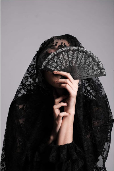 Black Lace Spanish Fan for Women, One Size, Foldable Lace Fan, Hand Held Fan for Wedding Party, Fancy Dress Costume Accessory